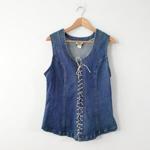 VINTAGE‎ Denim Vest Lace Up Top M Blue Western Steampunk Pirate Jeans Y2K USA